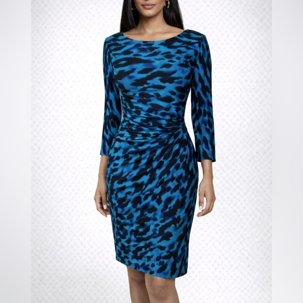 Tahari Levine Dress 4 Cobalt Blue 3/4 Long Sleeve Stretch Career Church